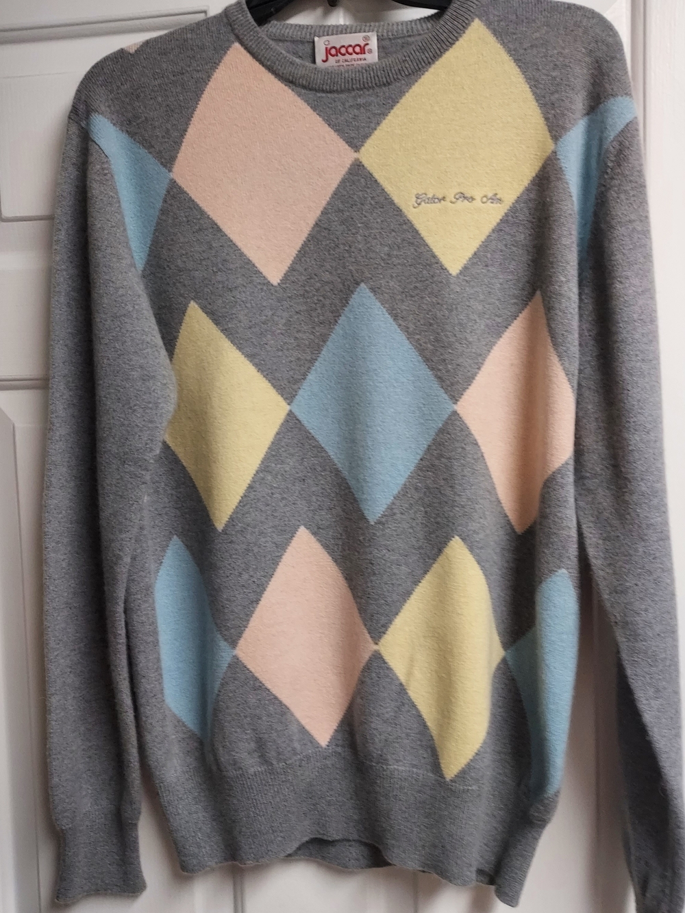 Men's 100% Cashmere Argyle Sweater w Pastel Diamonds. 1980's Gator Pro Am.  S/M